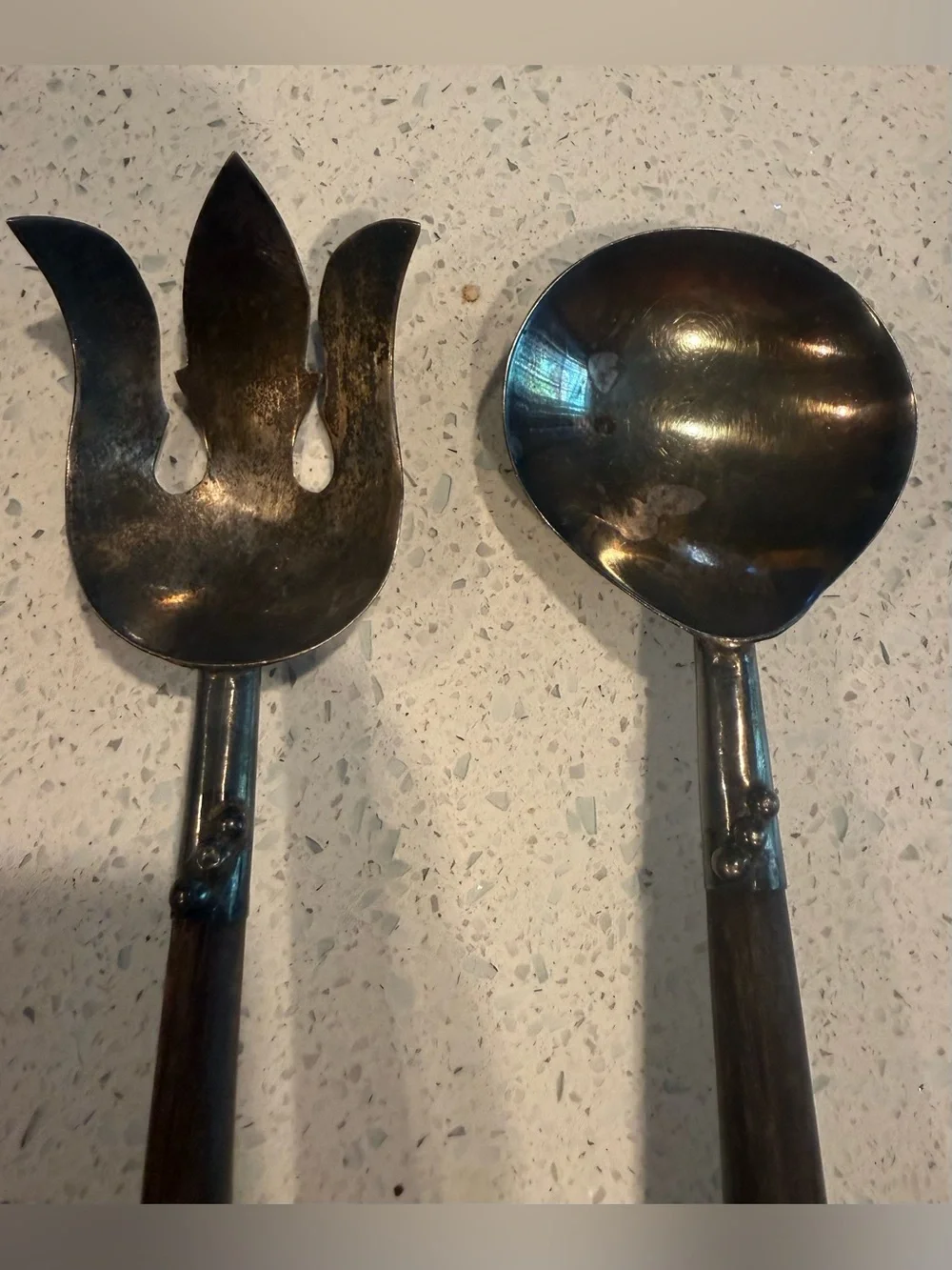 Vintage Mexican Sterling Silver 925 & Wood Salad Serving Set 11” Eagle Mark